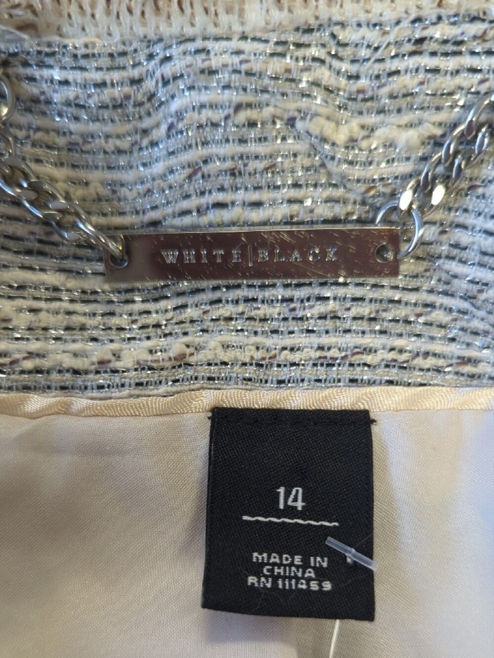00398 WHBM Tweed Fringe Pocket Jacket Cream Blue size 14 preppy Business casual - Picture 7 of 9